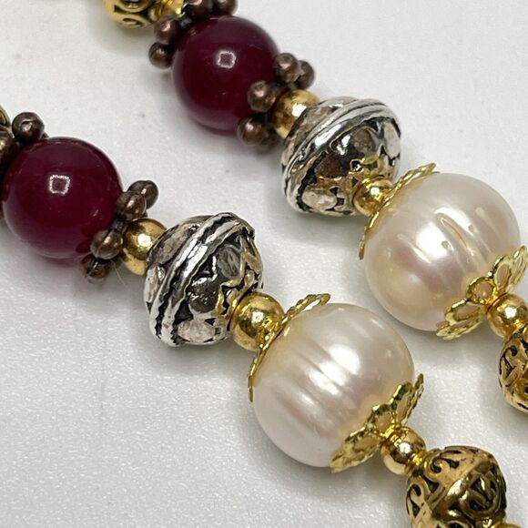 Stunning Green Red Gemstone Freshwater Pearl Beaded Necklace Gold Plated 23" - Picture 6 of 9